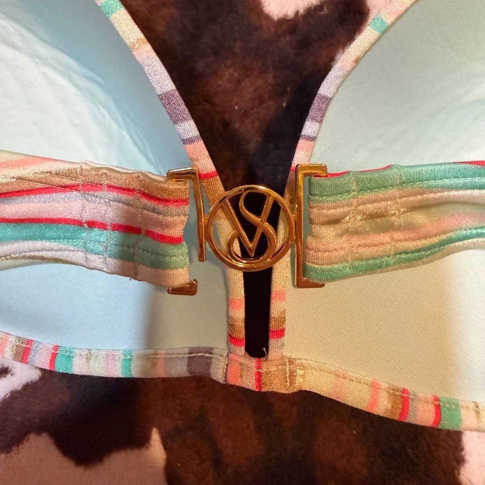 Victoria's Secret Bikini Top Womens 34DD Multi Striped Gold Metallic Beachy Boho